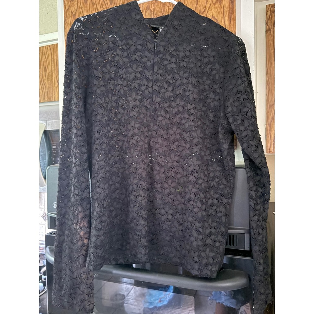 August Silk Womens XL Black Floral Lace Quarter Zip Long Sleeve Blouse Top
